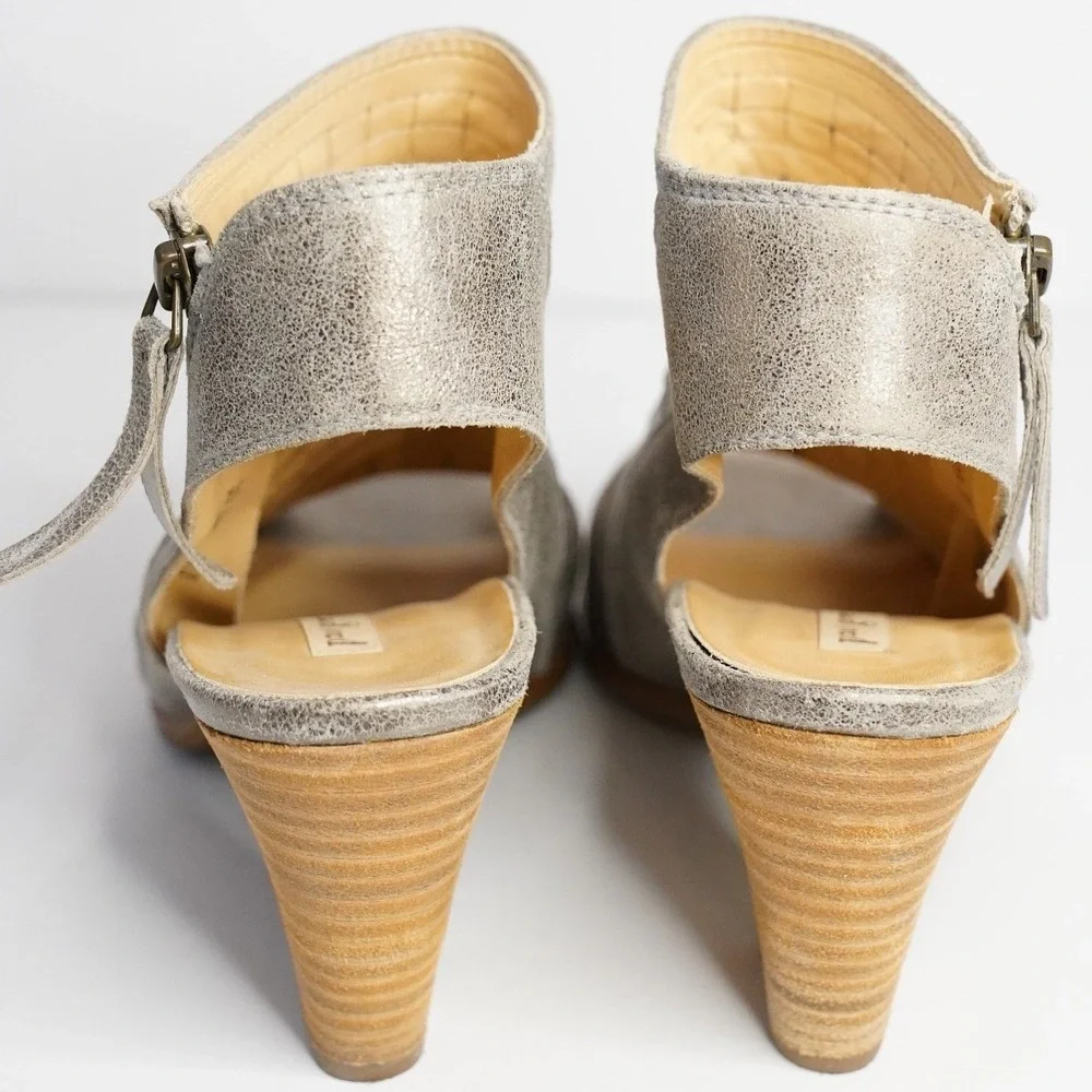 Paul Green,‎ Metallic Silver Peep Toe Heel Booties Size 8 Chunky Heel Side Zip